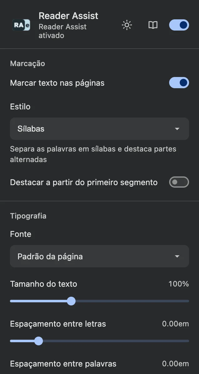 As configurações do Reader Assist no tema escuro