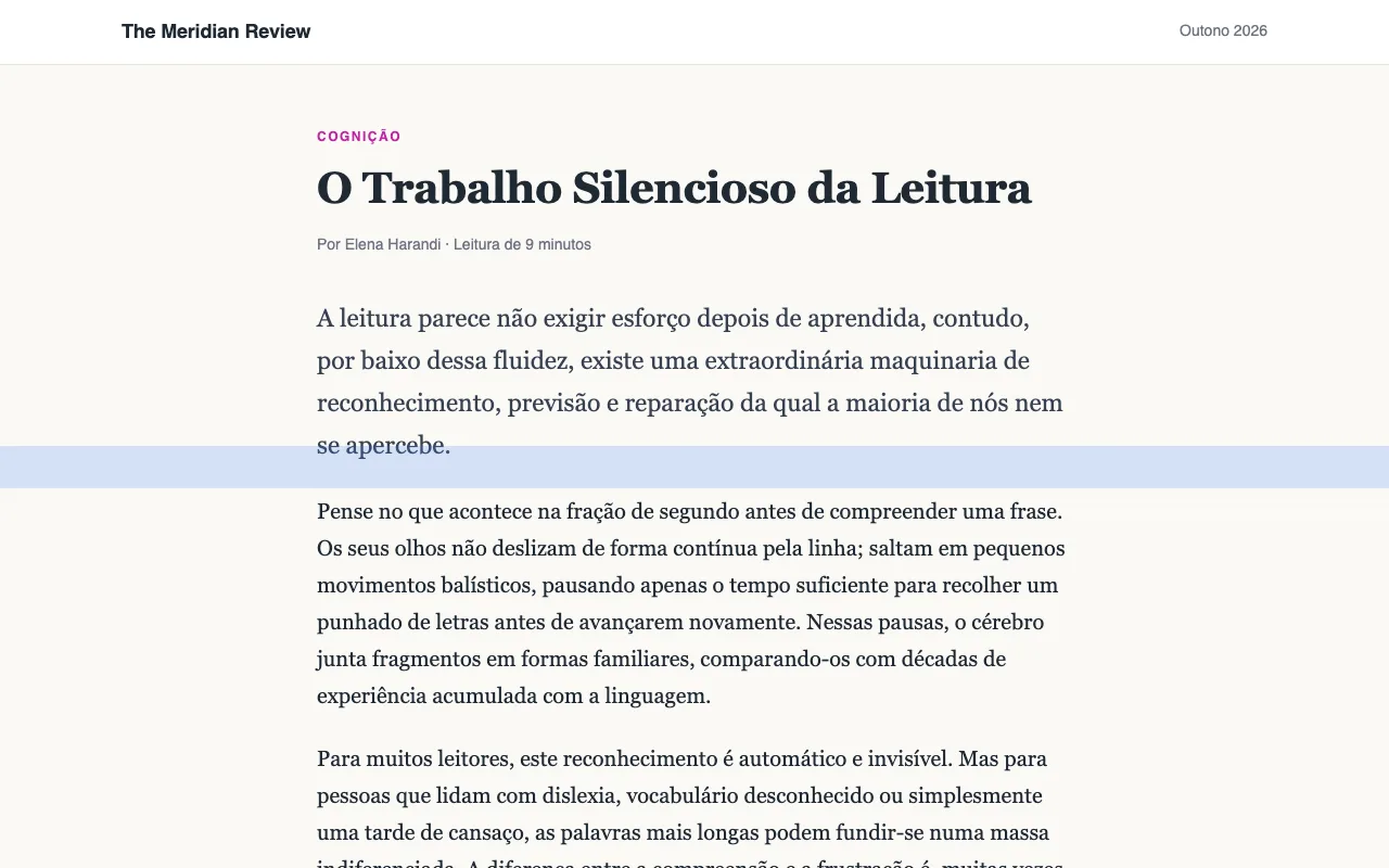 Um artigo com uma régua de leitura azul sobre uma linha