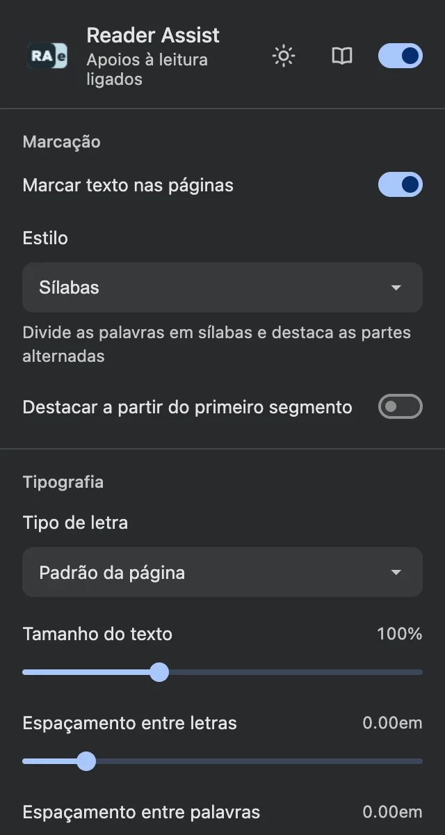 As definições do Reader Assist no tema escuro