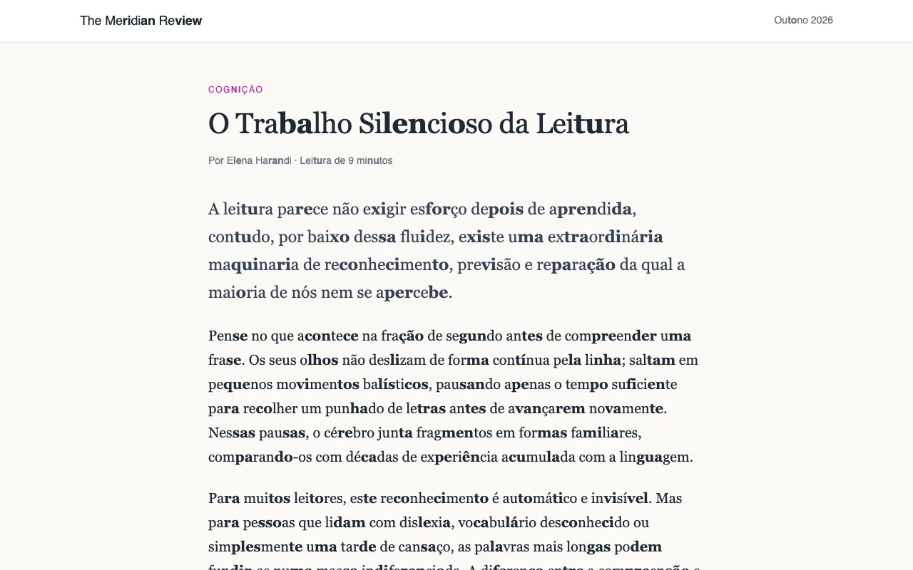 Um artigo com palavras longas divididas em sílabas, com sílabas alternadas a negrito