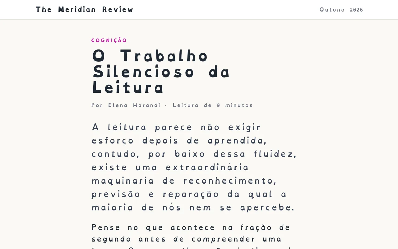 Um artigo formatado em OpenDyslexic com maior espaçamento entre letras e palavras