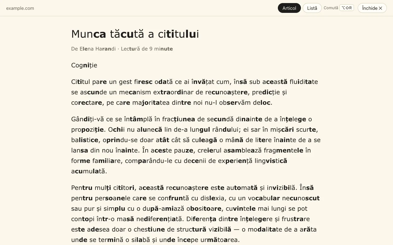 Modul citire: doar articolul, într-o singură coloană aerisită, cu marcare silabică