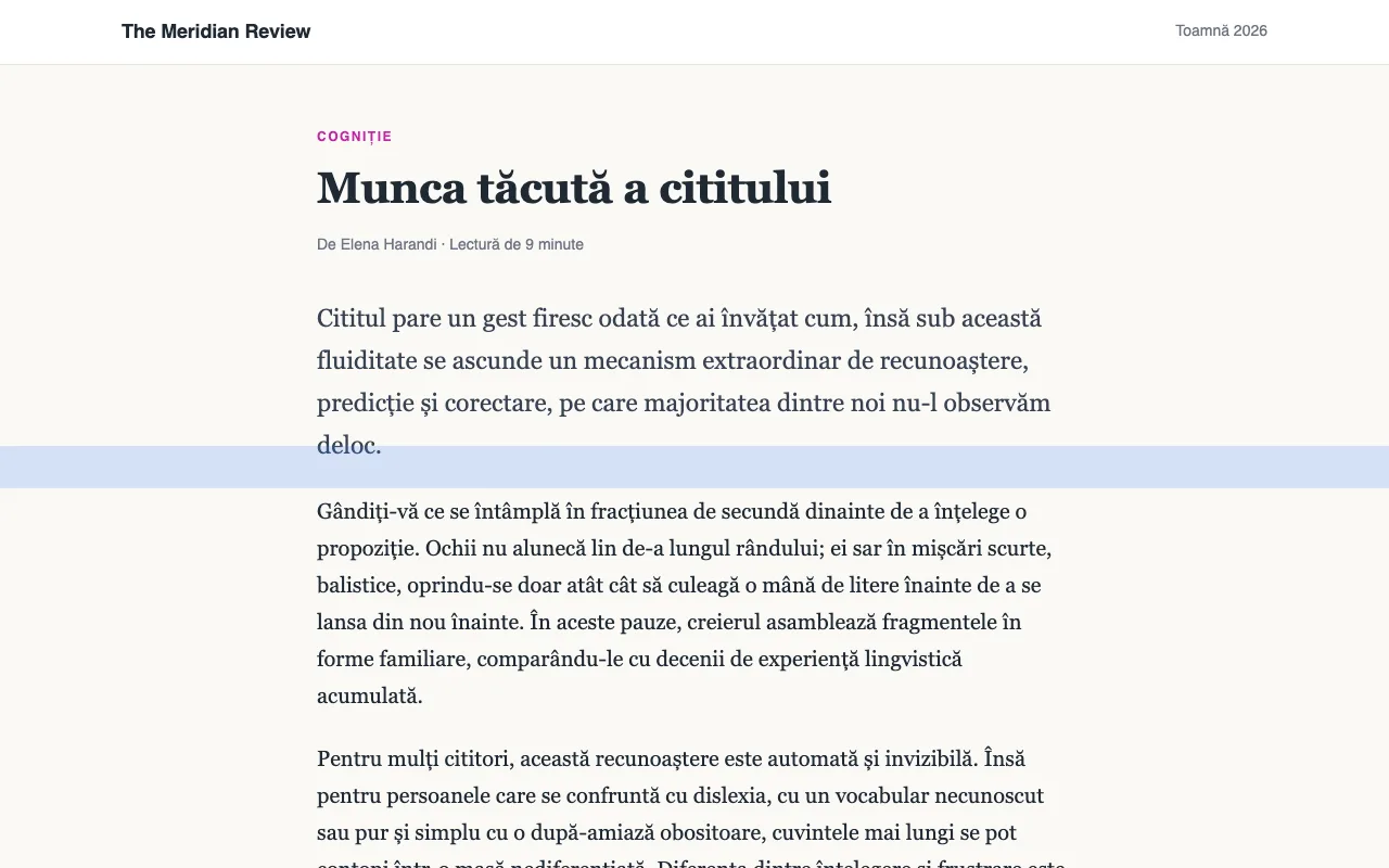 Un articol cu o riglă de citire albastră peste un rând