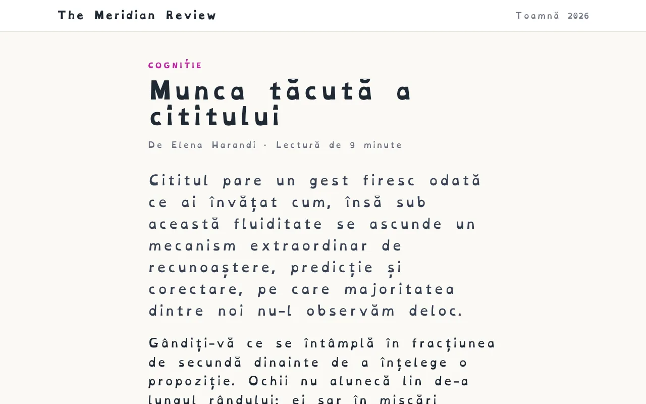 Un articol afișat cu fontul OpenDyslexic și spațiere mai mare între litere și cuvinte