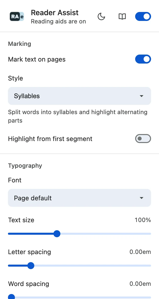 Reader Assist’s settings in the light theme