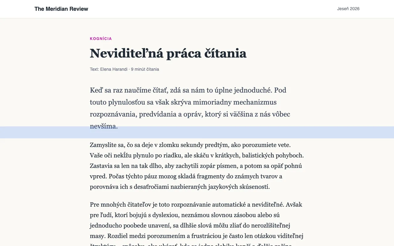 Článok s modrým pravítkom na čítanie na jednom riadku