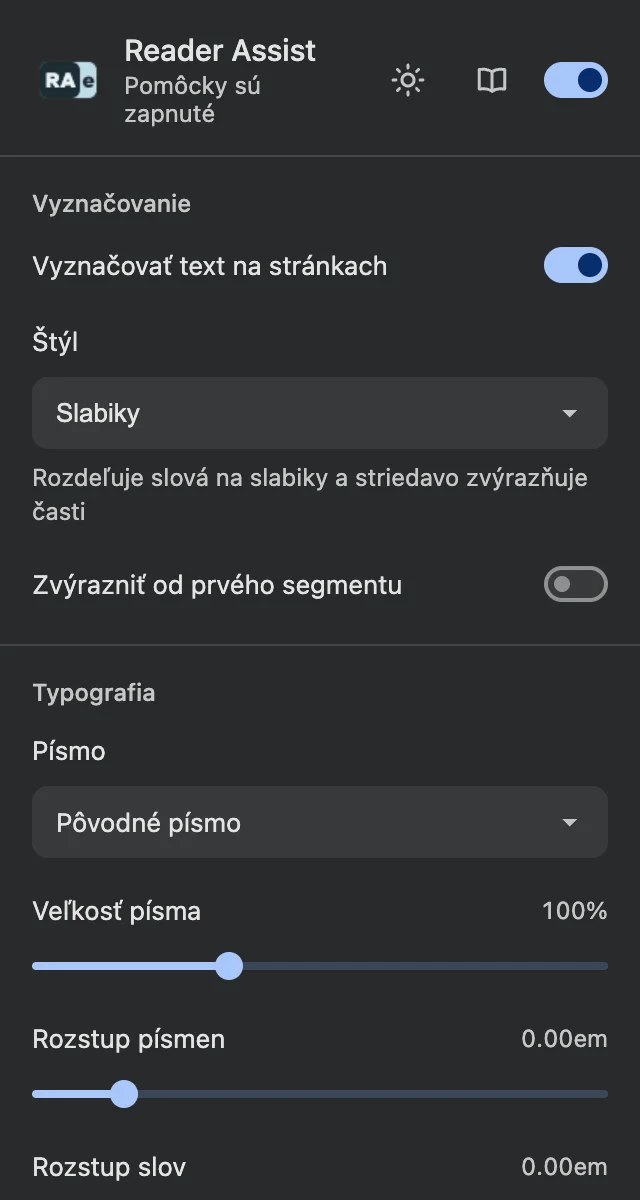 Nastavenia Reader Assist v tmavom motíve