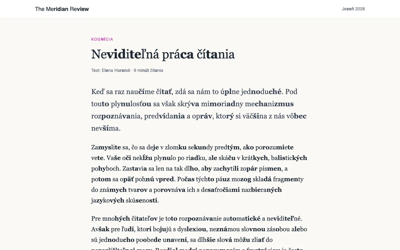 Článok s dlhými slovami rozdelenými na slabiky, každá druhá slabika je tučná