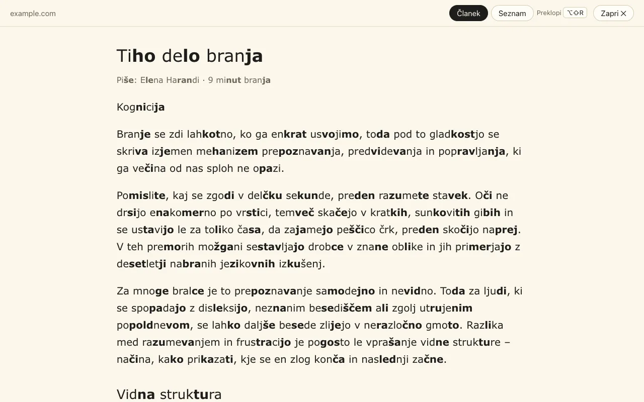 Način za branje: samo članek v enem mirnem stolpcu, z označenimi zlogi