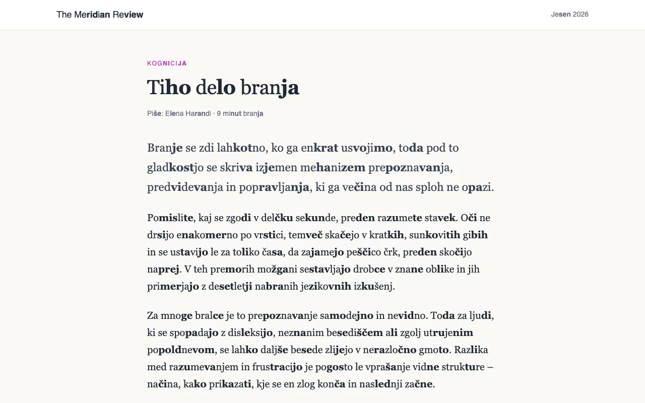 Članek z dolgimi besedami, razdeljenimi na zloge, pri čemer je vsak drugi zlog krepko označen