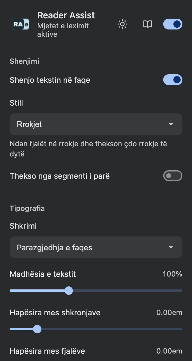 Cilësimet e Reader Assist në temën e errët