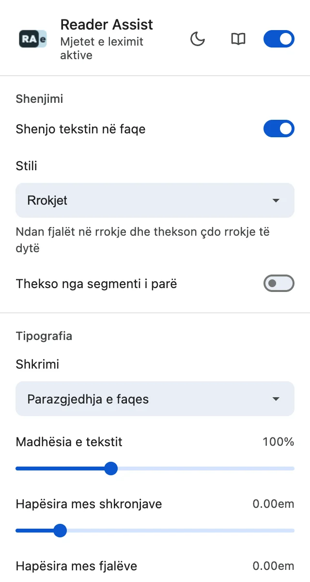 Cilësimet e Reader Assist në temën e çelët