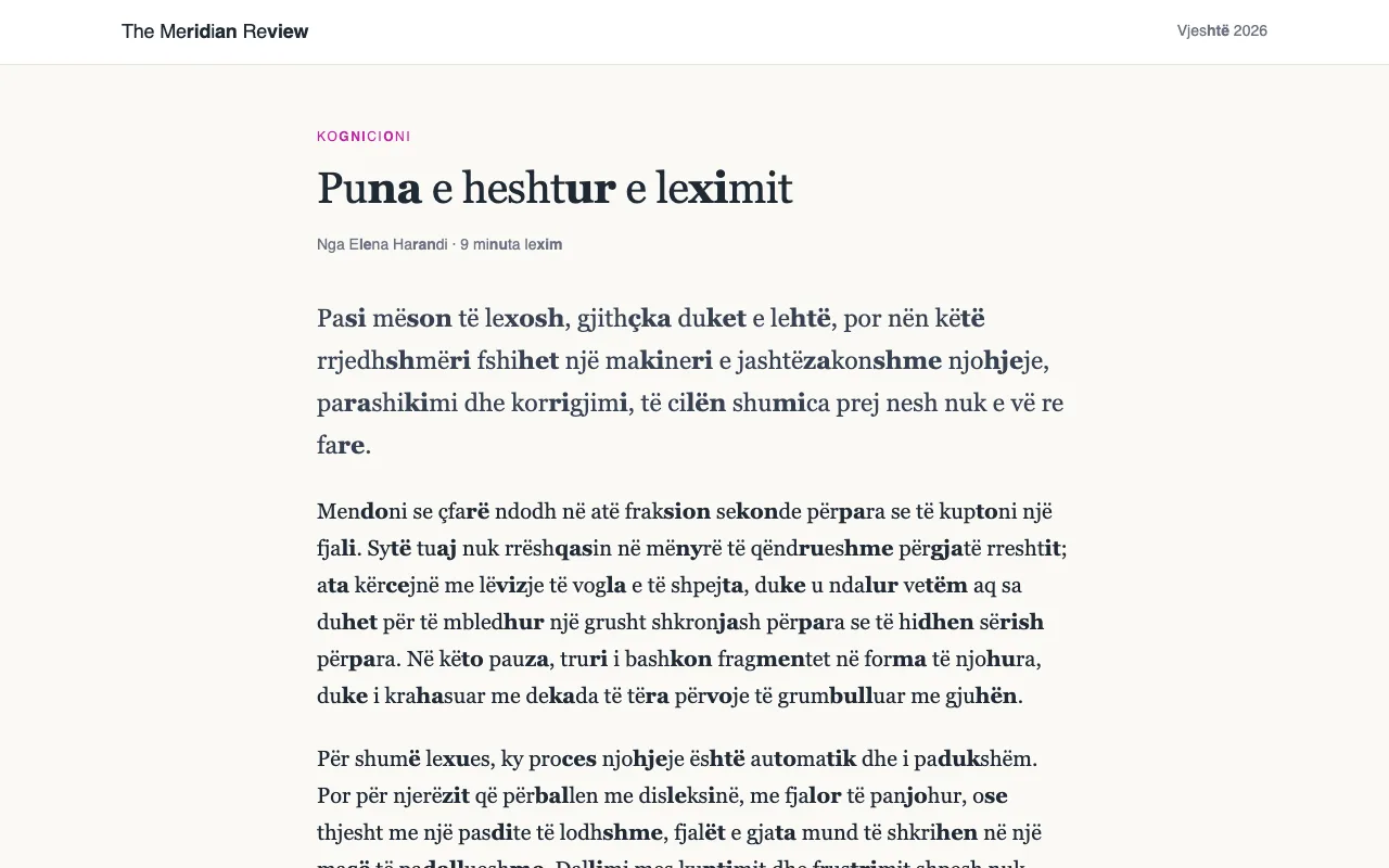 Një artikull me fjalë të gjata të ndara në rrokje, ku çdo rrokje e dytë është me shkrim të trashë