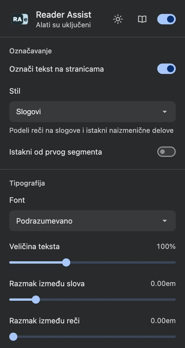 Podešavanja Reader Assist-a u tamnoj temi