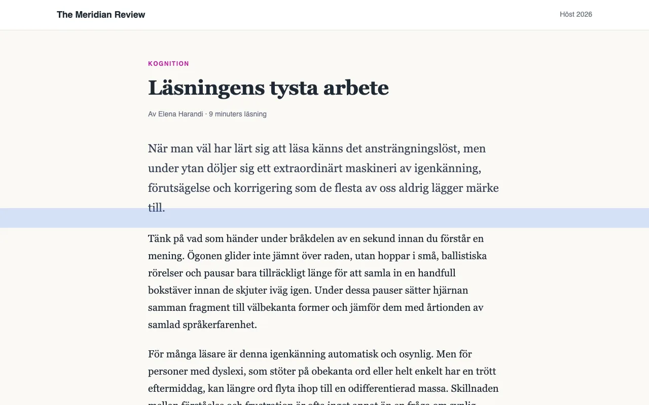 En artikel med en blå läslinjal över en rad.