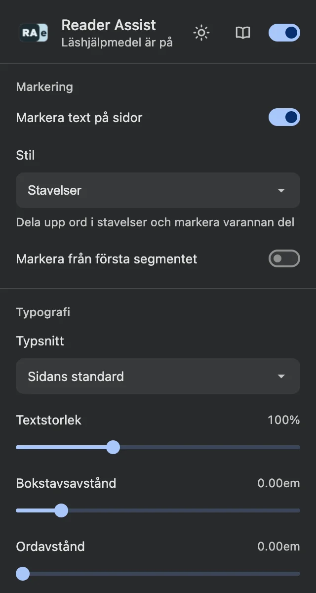 Reader Assists inställningar i det mörka temat.
