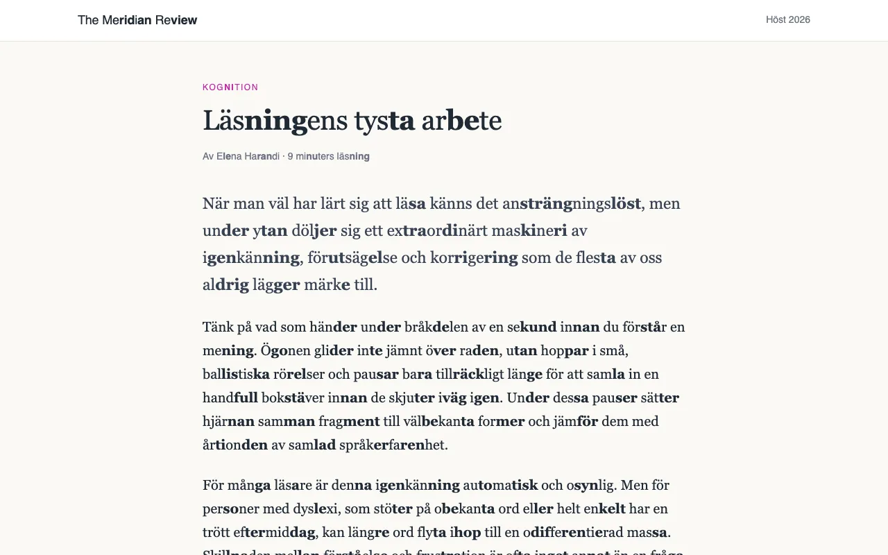 En artikel med långa ord uppdelade i stavelser, varannan i fetstil.