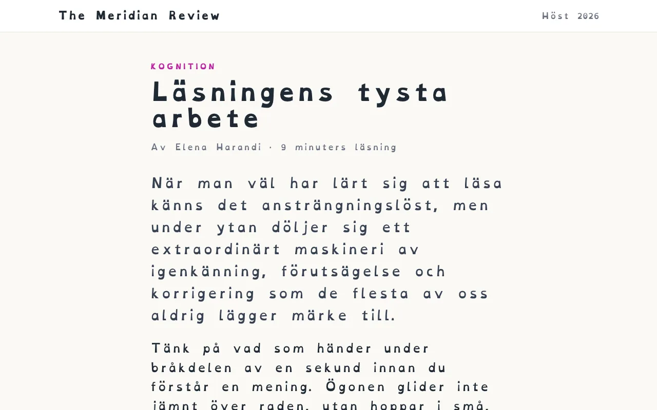En artikel med typsnittet OpenDyslexic och ökat bokstavs- och ordavstånd.