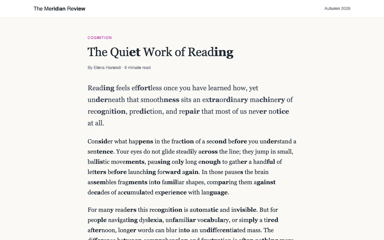 An article with long words split into syllables, every other one in bold