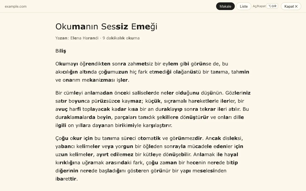 Okuyucu modu: Sadece makalenin bulunduğu, hece işaretlemeli, sakin, tek sütunlu bir görünüm