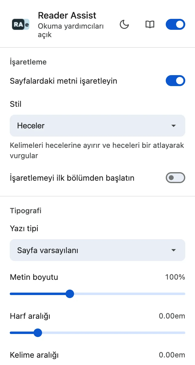 Reader Assist'in açık temadaki ayarları