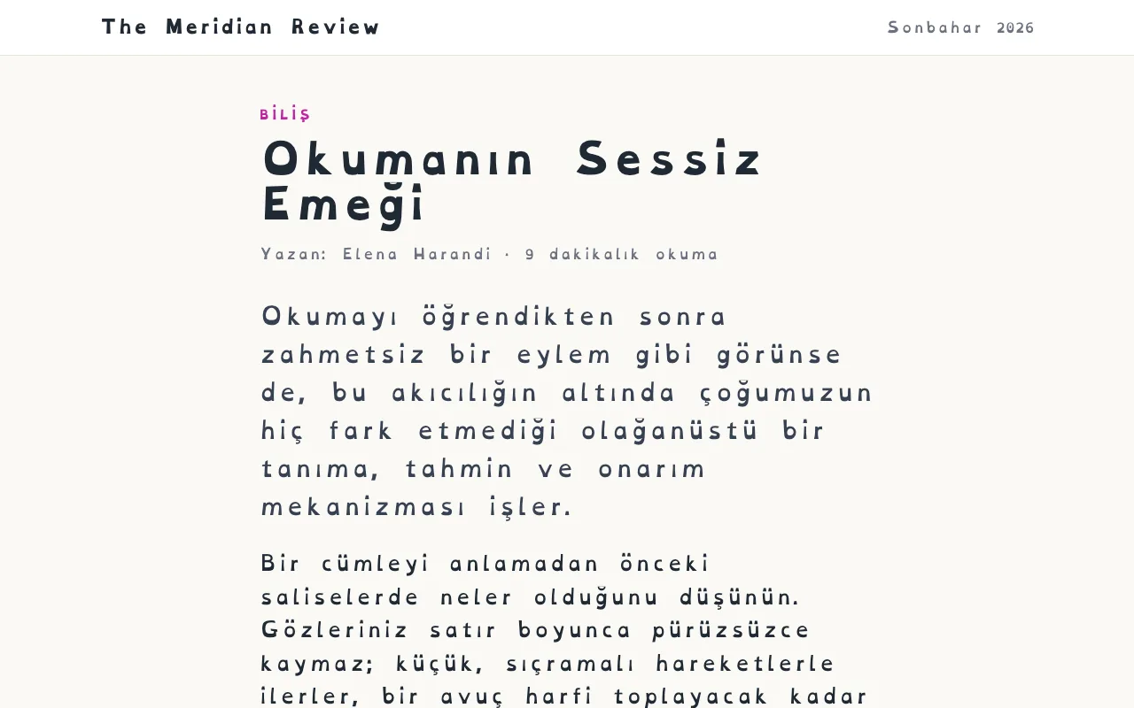 Daha geniş harf ve kelime aralıklarıyla OpenDyslexic yazı tipinde ayarlanmış bir makale